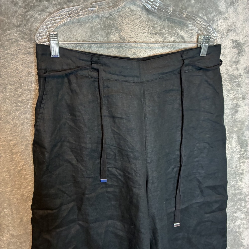 Halston Women Linen Wide Leg Cropped Pants XL Black Neutral Coastal Lagenlook